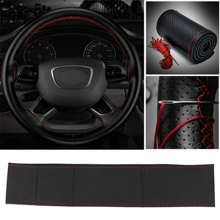Micro Wheel - 38cm Microfiber Soft PU Leather Car Steering Wheel Cover DIY With Needles and Thread Braid On The Steering Wheel Protector Car Decoration Accessories Black + Red