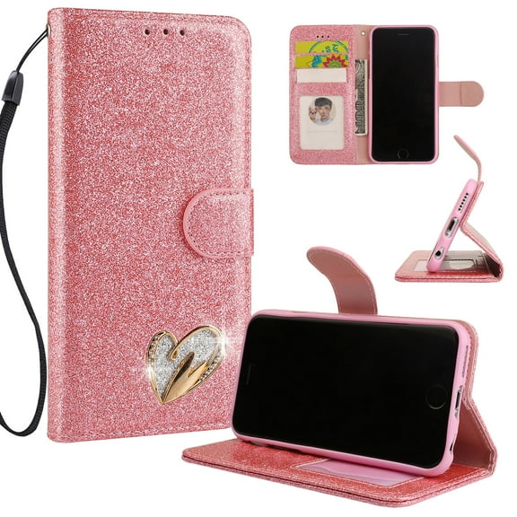 iPhone 6S Case Wallet, iPhone 6 Case, Allytech Glitter Folio Kickstand with Wristlet Lanyard Shiny Sparkle Luxury Bling Card Slots Slim Cover for Apple iPhone 6 6S (Pink)