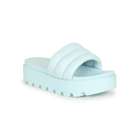 

HeartThentic Puffy Padded Thick Strap Lugged Sole Open Toe Platform Ridged Treaded Flatform Sole Spring Summer Slide Sandals by Kayleen - Baby Blue Vegan Leather (Size: 8.5)