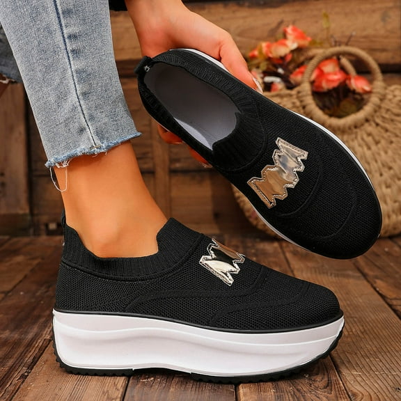 Womens Slip On Platform Sneakers, Black Breathable Mesh Upper, Chunky Non-Slip Sole Height Increasing, Comfortable Casual Athleisure Shoes for Women (US 5-10),Size 43