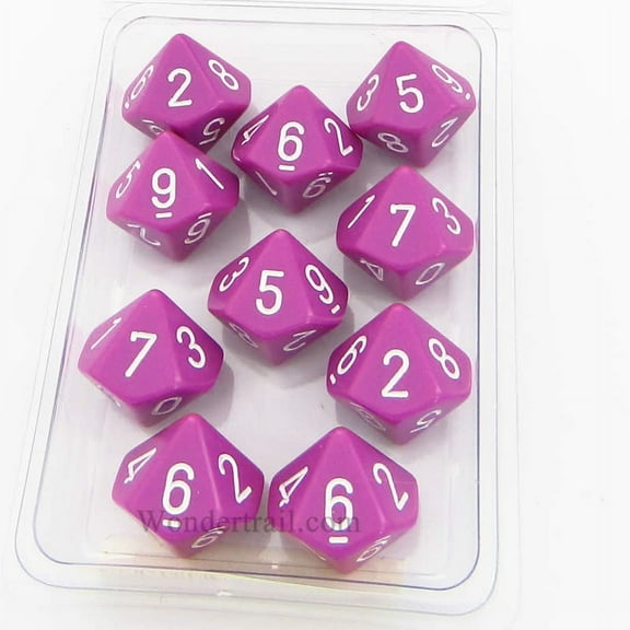 Light Purple Opaque Dice with White Numbers D10 Aprox 16mm (5/8in) Set of 10 Chessex