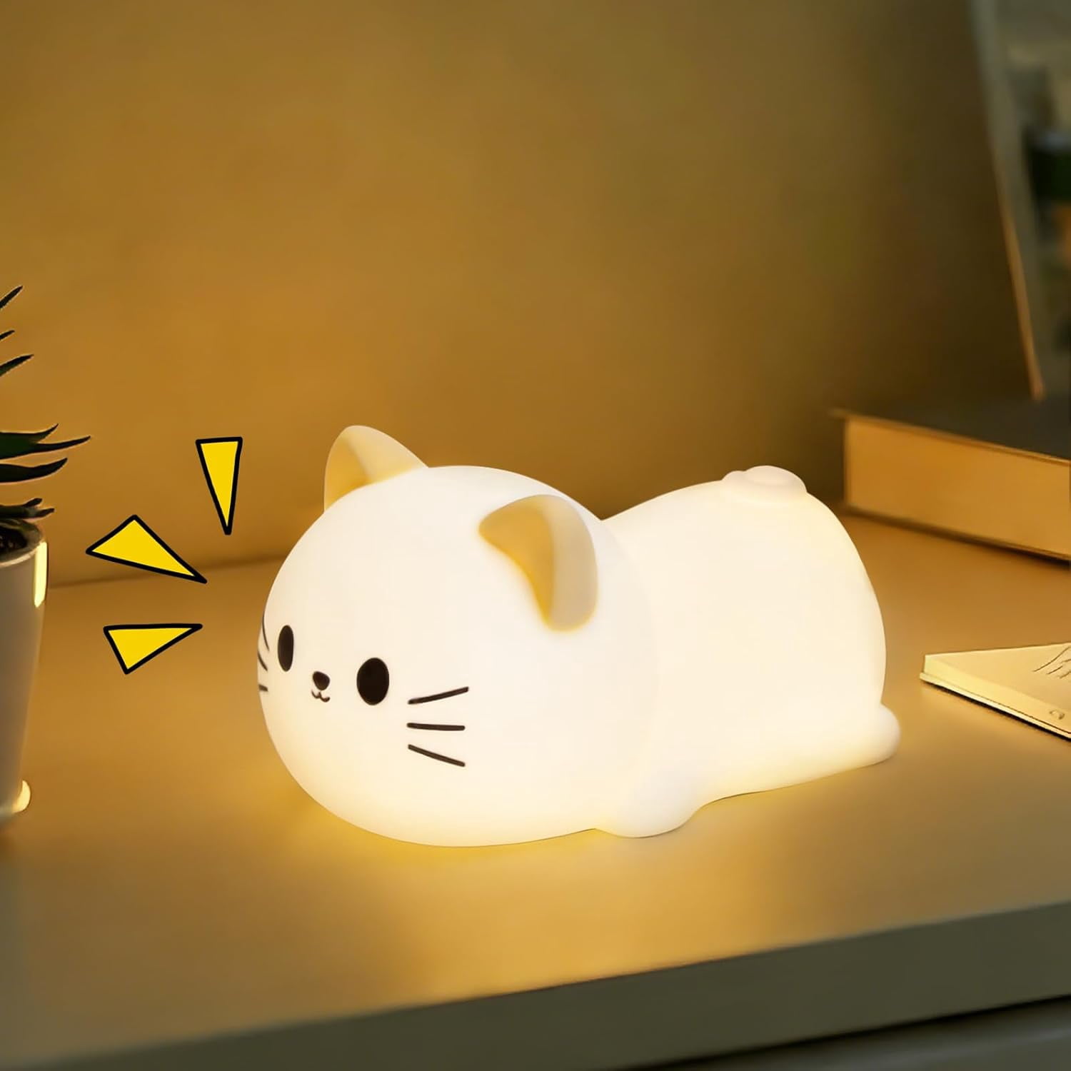 Cat Night Light & Lamp for Baby Nursery - Soft Lying Kitty Nightlight, Dimmable and 7 RGB Colors, Switchable Animal Sound,Rechargeable BPA-Free,Good for Room Decor,Valentines Day, Holiday Gifts