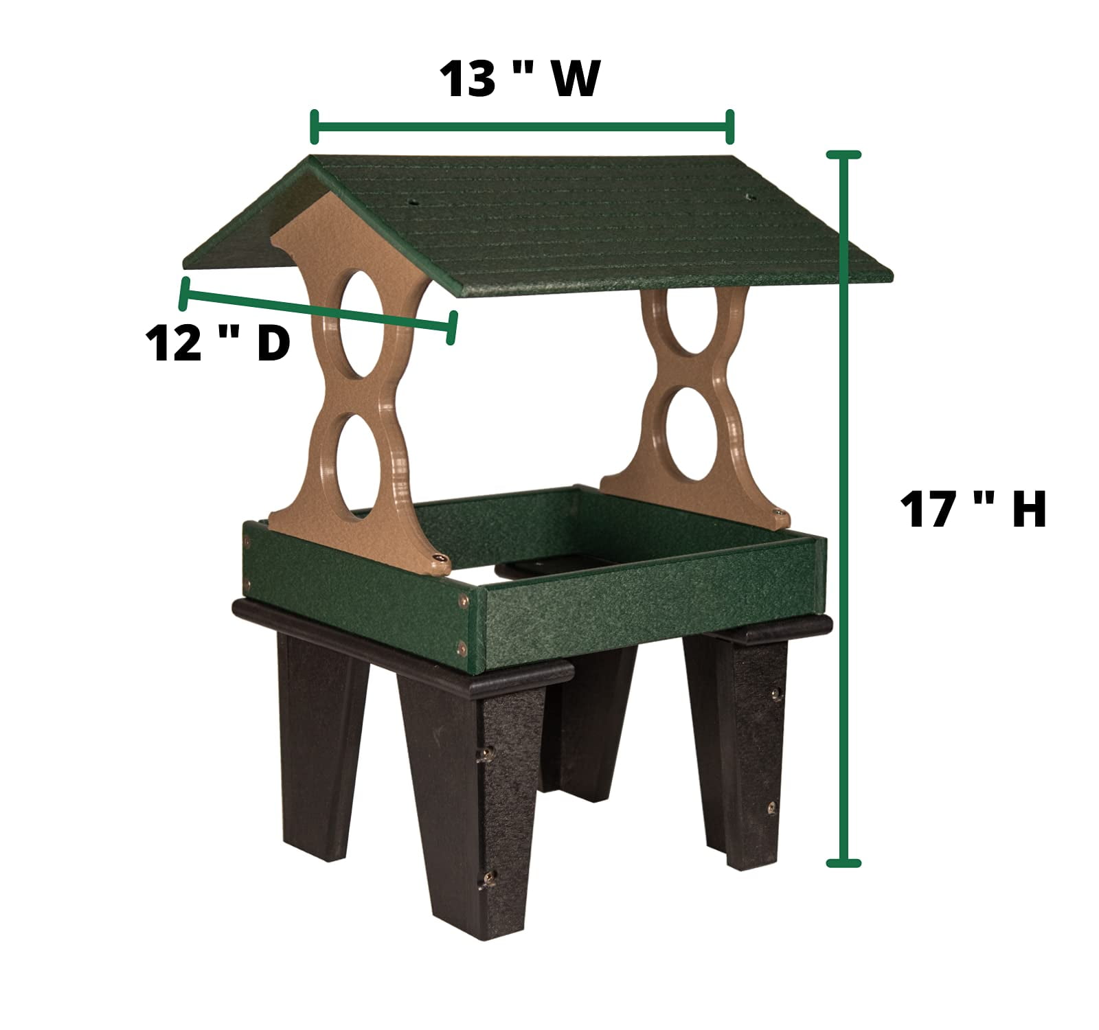 JCs Wildlife Medium Ground Fly Thru Bird Feeder - Holds 4 Cups of Bird Seed - Removable Tray - Covered Platform - Green and Tan