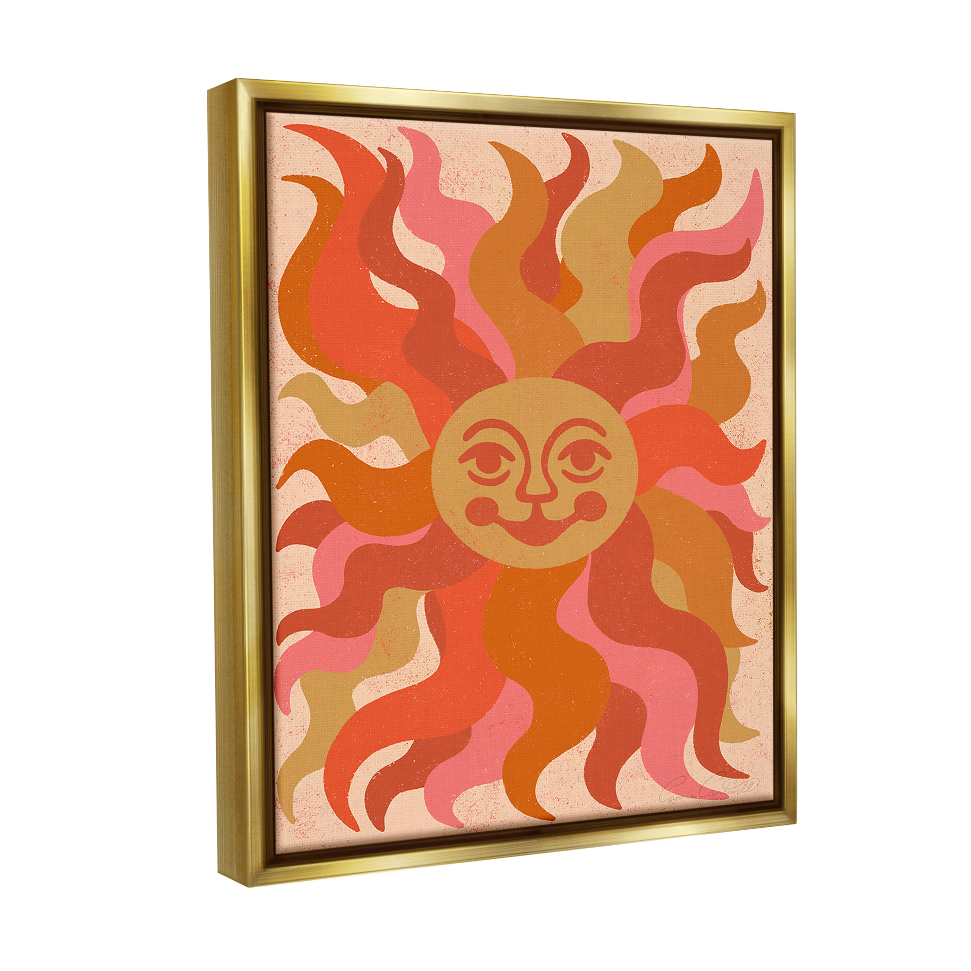 Stupell Industries Celestial Smiling Sun Landscape Painting Gold Floater Framed Canvas Art Print Wall Art, 17 x 21