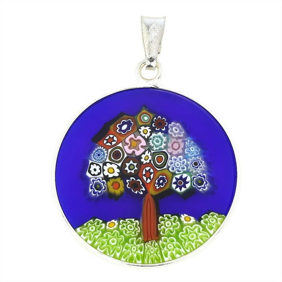 GlassOfVenice Murano Glass Millefiori Pendant "Tree of Life" in Silver Frame 7/8"