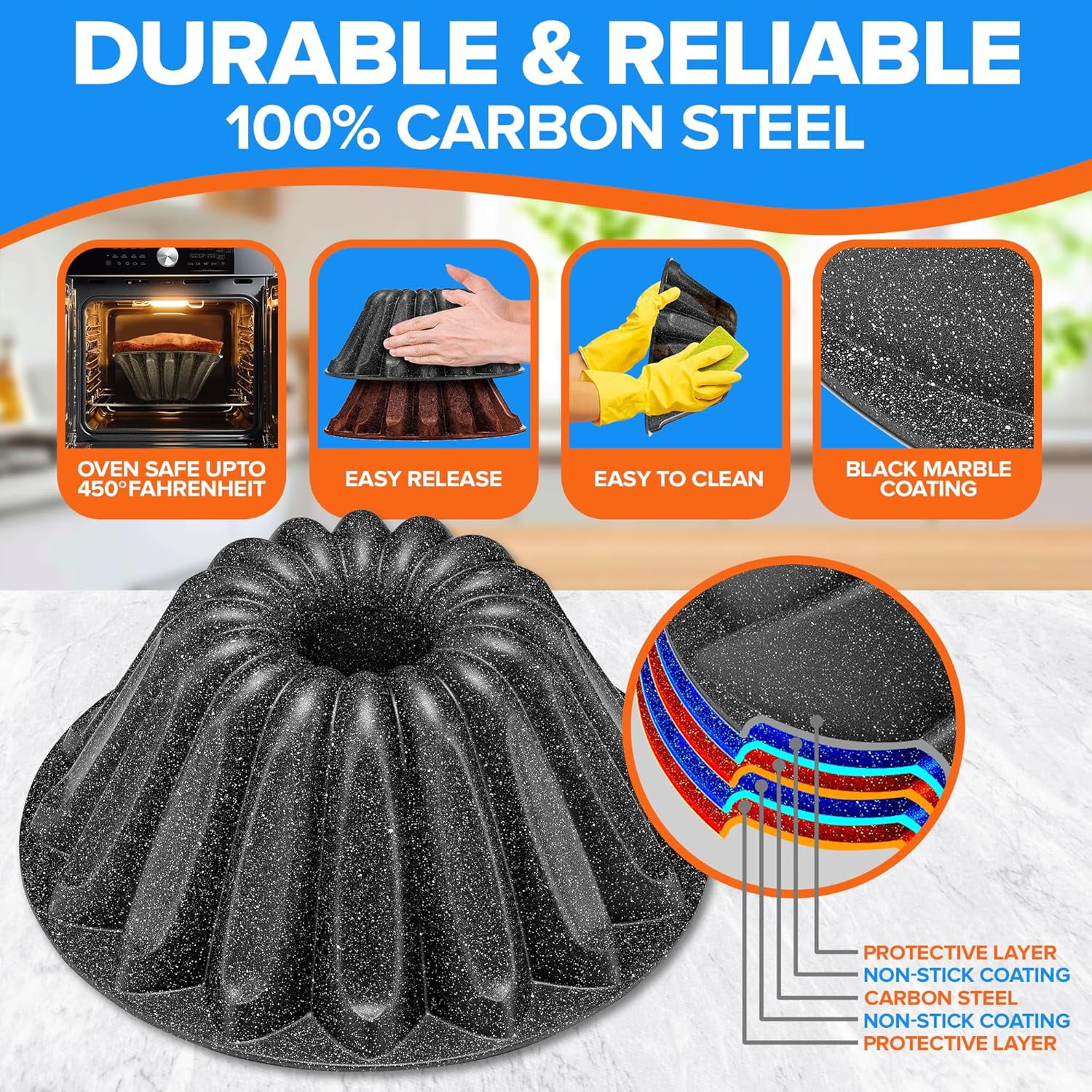 Gray Marble Nonstick Aluminum Fluted Cake Pans – Two-Layered Coating, Oven Safe up to 450°F, Includes Recipe Booklet, Fountain & Crown Designs