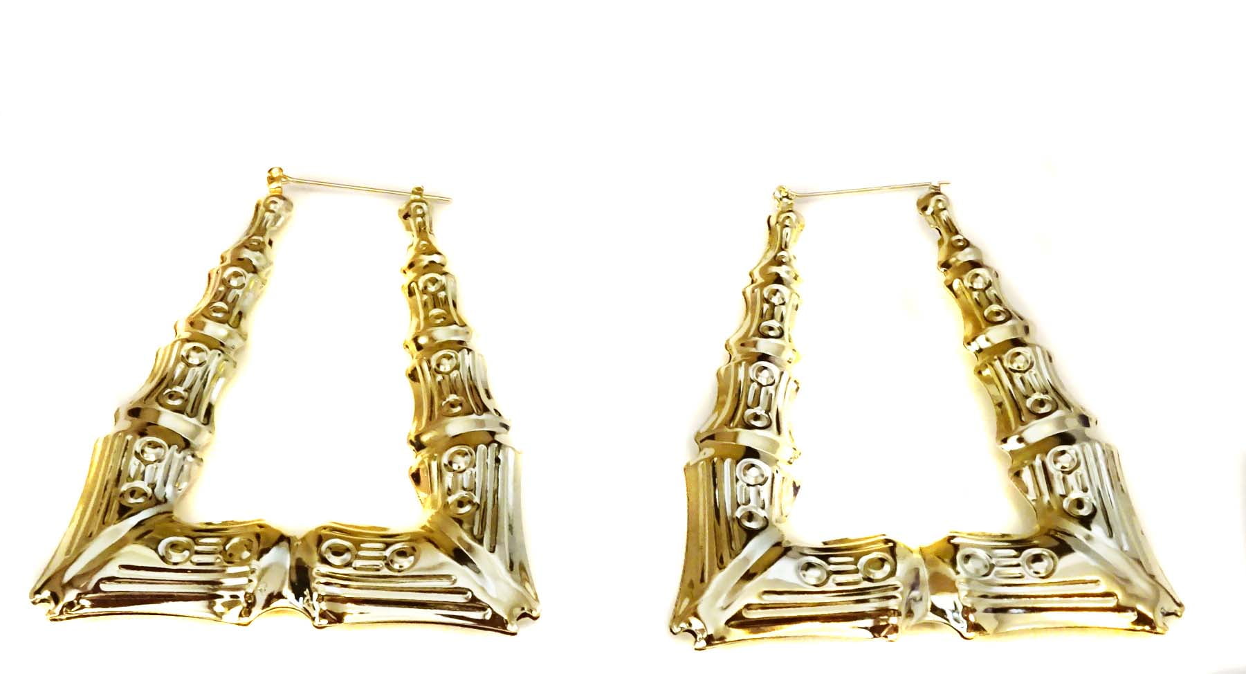 Bamboo Triangle Hoop Earrings Gold Tone 3 inch