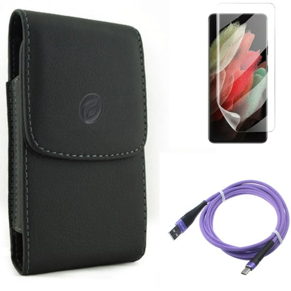 Case Belt Clip & 10ft USB Cable & Matte Screen Protector for Samsung Galaxy S21 Ultra Phone - Leather Holster & Purple Type-C & TPU Film Anti-Glare Accessory Bundle