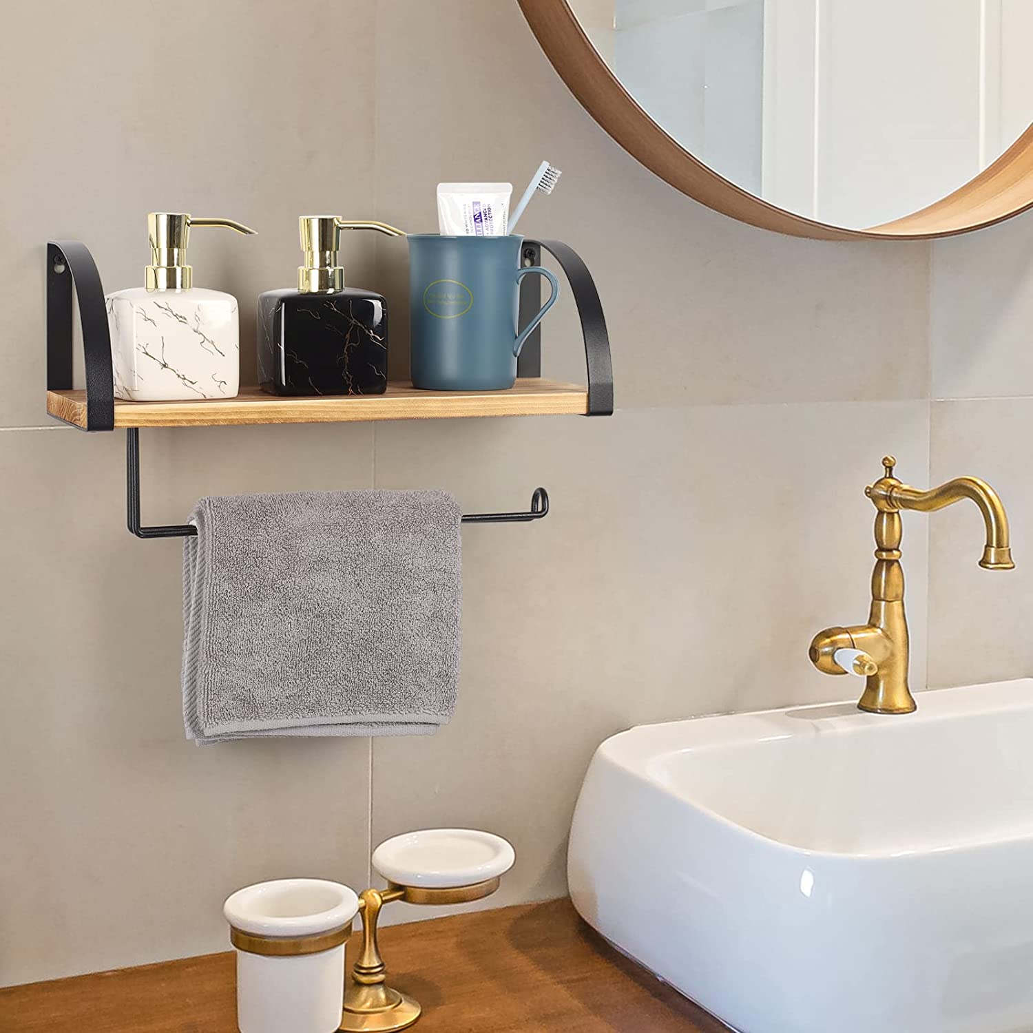 Wall Mounted Paper Towel Holder with Wood Shelf, Light Brown