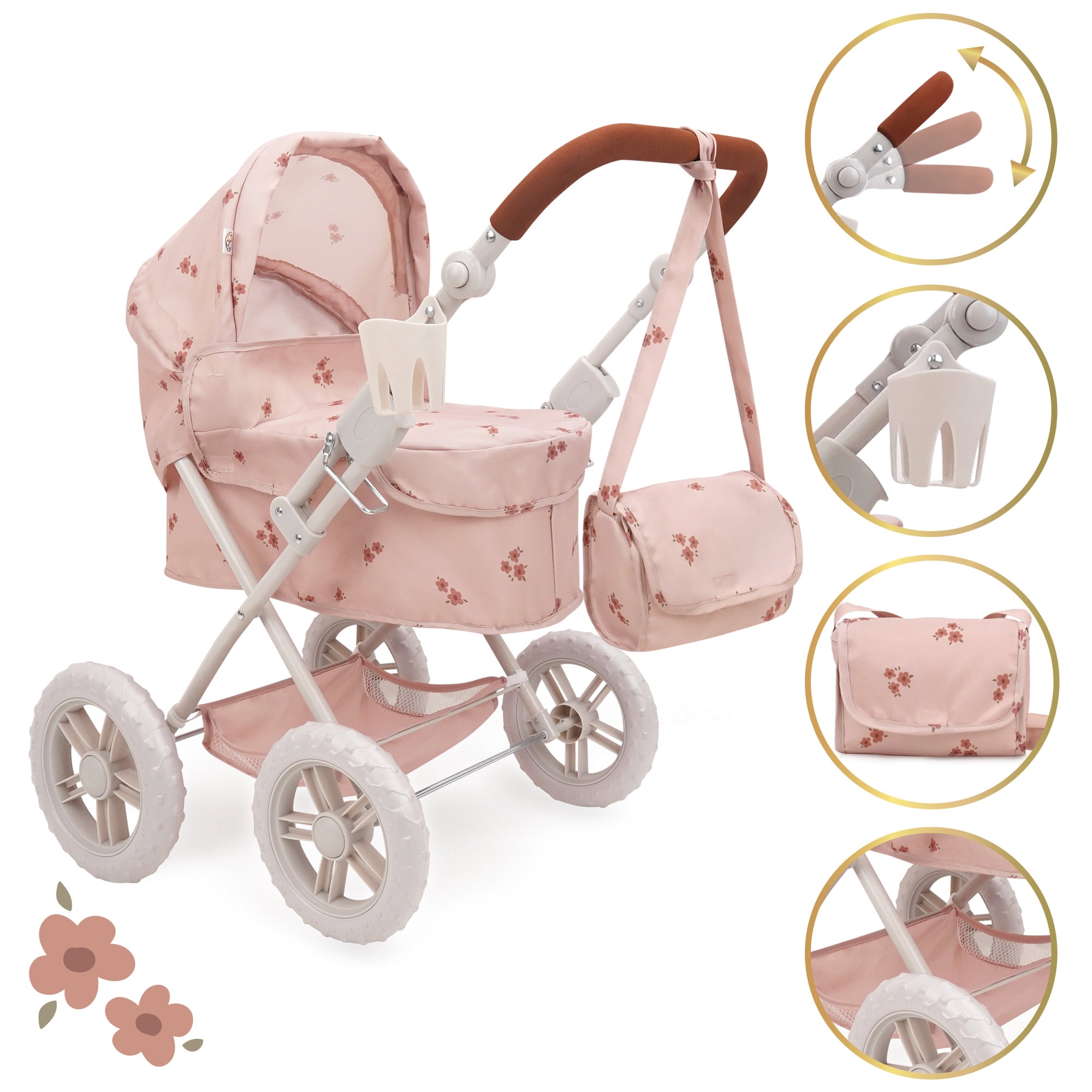 509 Crew: Ballet Flora - Deluxe Amanda Doll Pram - Soft Pink & Flowers, Handbag, Sun Canopy, Adjustable Handle, Foldable, Doll Accessory Toy, Kids 3+