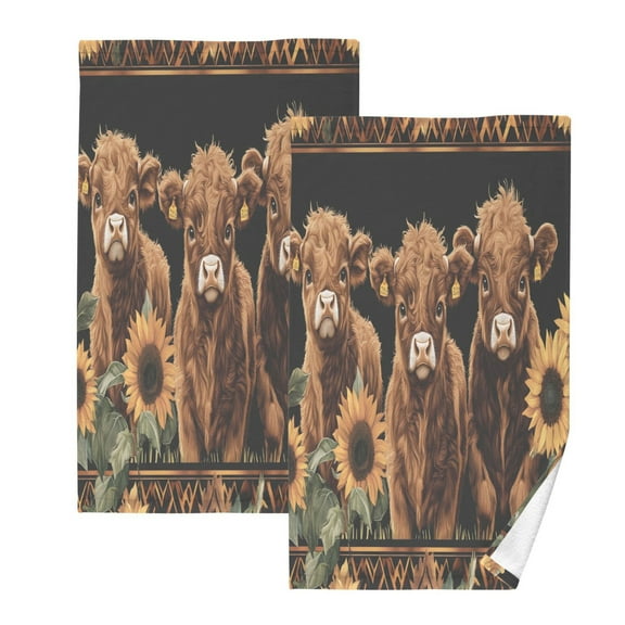 Ryvnso Highland Cow Sunflower Cotton Hand Towels Sets Face Towel 2 PCs Bathroom Decorative