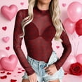 thumbnail image 2 of Long Sleeve Mesh Tops for Women Bodysuits for Women Valentines Day Printed Neck Long Sleeve Sheer Tee Shirts Body Suit Slim Fitted Y2k One Piece Sheer Ruched Going Out Tops Party Clubwear Shirts, 2 of 5