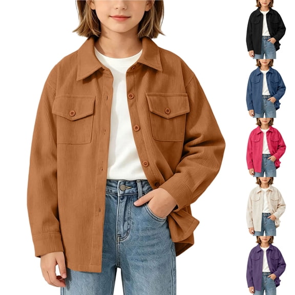 Kids Corduroy Button up Jacket Lapel Long Sleeve Shirt Coat with Pockets, Casual Open Front Cardigan Fall Winter Outerwear for Boys Girls Purple