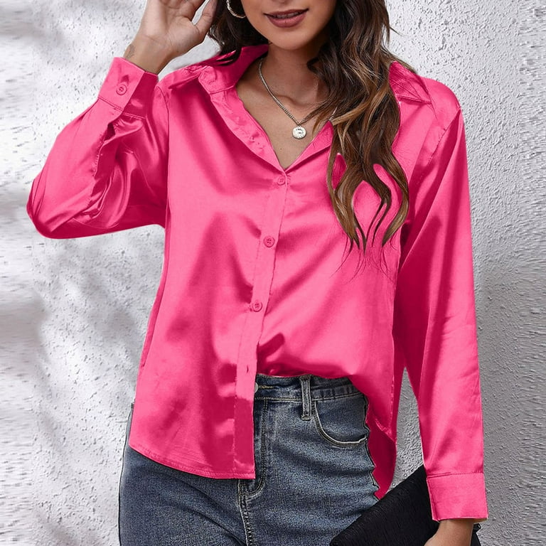 UHUYA Womens Button down Tops Dressy Casual Blouses Elegant Work Tops  Fashion Solid Color Shirt Satin Imitation Silk Vintage Long Sleeve Shirt  Hot Pink L US:8 