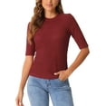 thumbnail image 1 of Camiseta de cuello redondo INSPIRE CHIC para mujer, blusa básica casual de manga media fruncida, XS, rojo oscuro, 1 of 6
