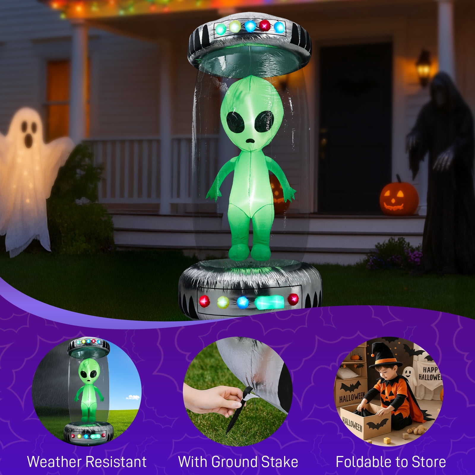 8.2FT Tall Halloween Inflatable Outdoor Decoration, Blow Up UFO with Alien Halloween Decor with Animated RGB LEDs, Prelit Blow Up Yard Decor for Halloween Holiday Party Outdoor Garden Yard Lawn Decor
