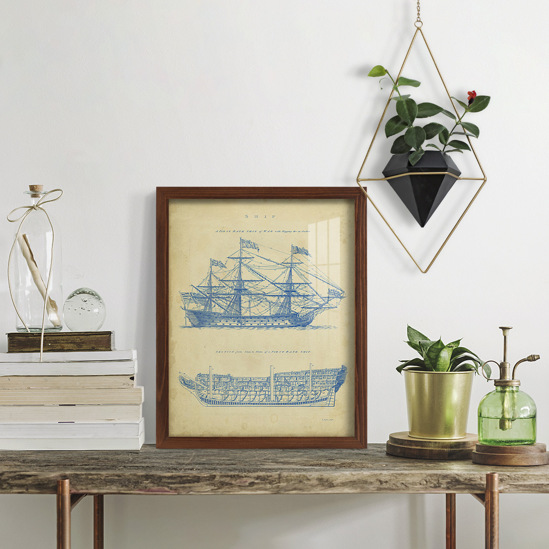 Vintage Ship Blueprint -Framed Print w/glass-Chestnut