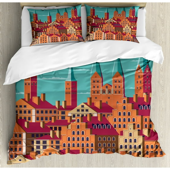Amsterdam Duvet Cover Set Queen Size, Vertical Computer Graphics of Retro Buildings, Decorative 3 Piece Bedding Set with 2 Pillow Shams, Cadet Blue Burnt Sienna Dried Rose Sand Brown, by Ambesonne