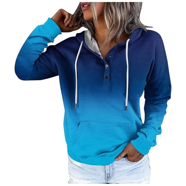 Women's Fashion Street Style Color Changing Button Collar Drawstring Hoodie Casual Autumn Winter Sports Sweatshirt