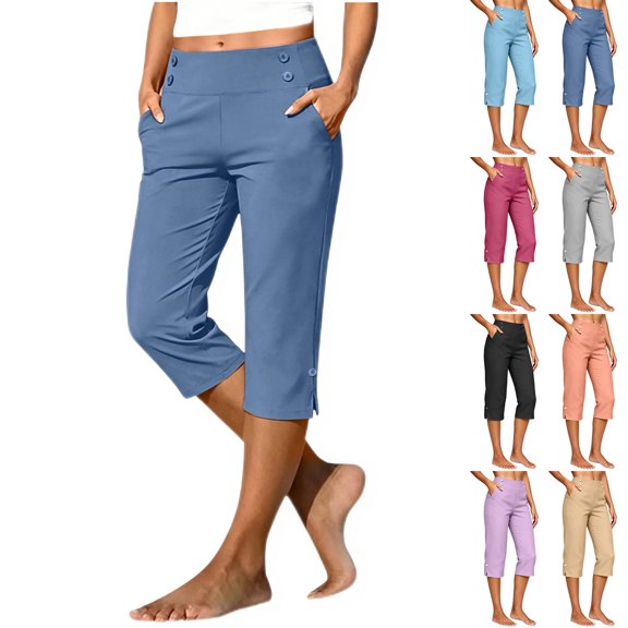 Diufon Womens Capri Pants for Golf, Yoga, Casual High Waisted Button Decor Straight Leg Dressy Capris with Pockets