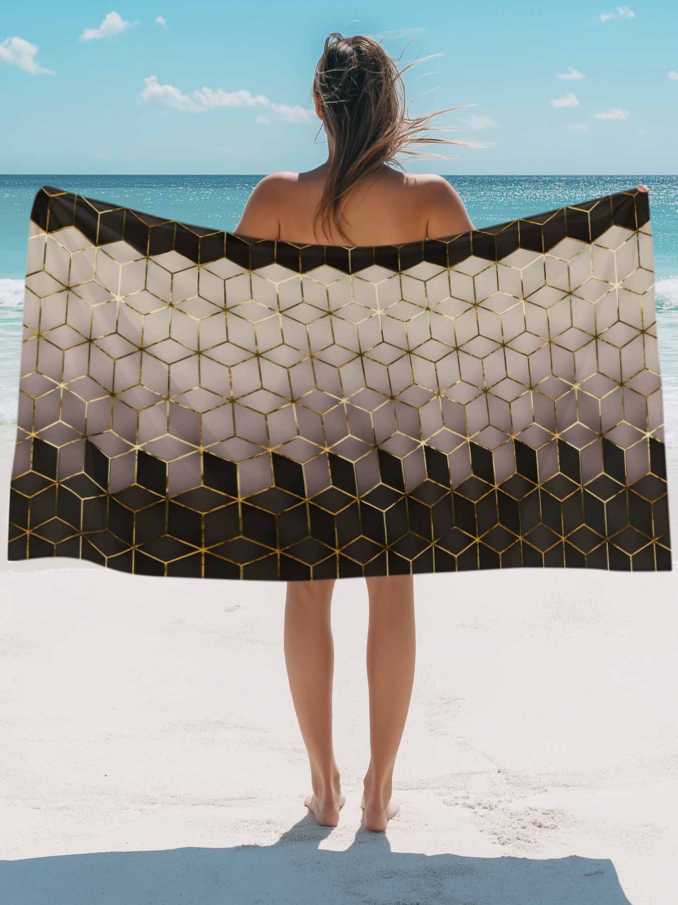 Abstract Watercolor Beach Towels Blanket Soft & Absorbent Quick Dry Microfiber Geometric Cube Pattern Pool Towels for Swimming ,Yoga, Sports, Gym, Camping,Large 30X60in, Brown