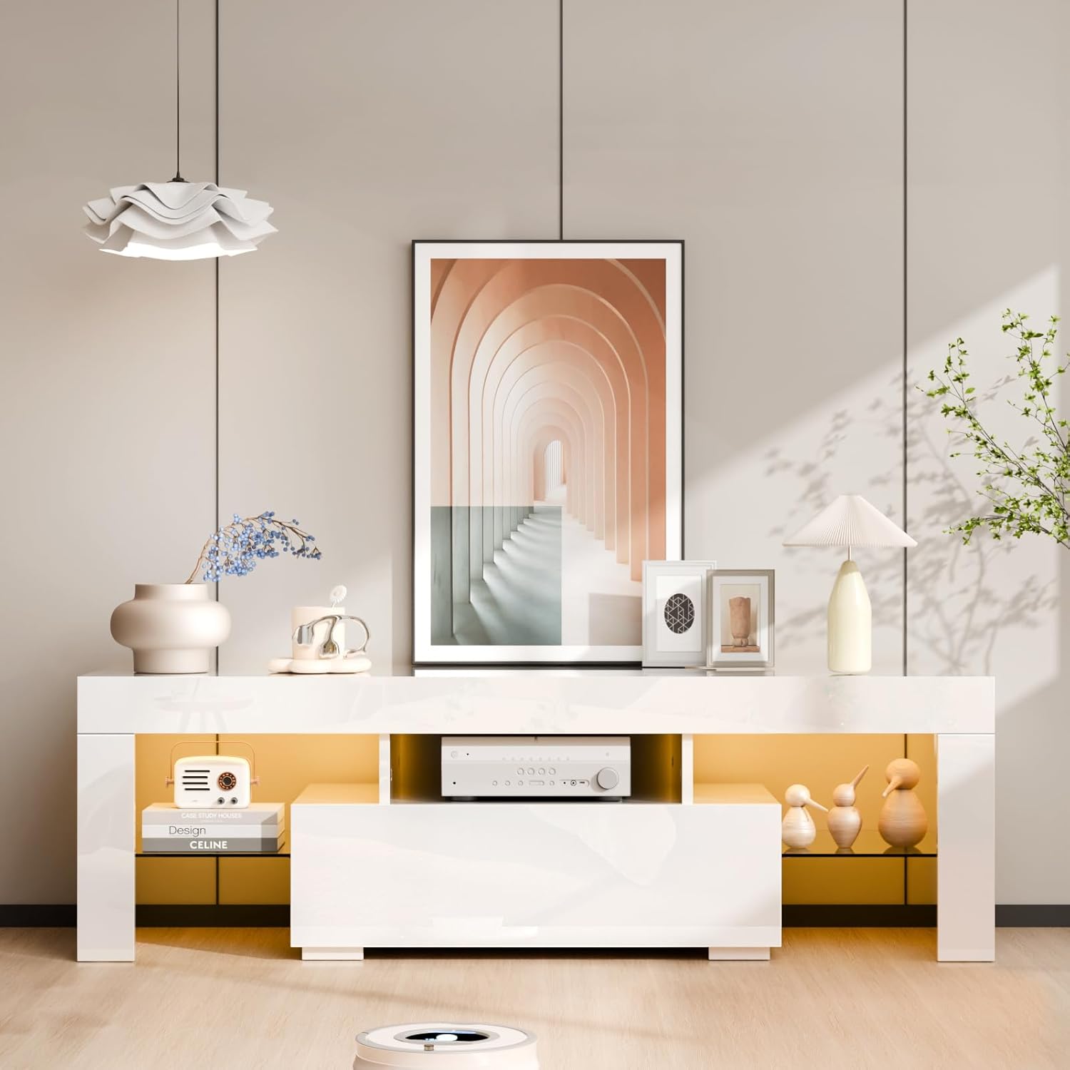 YWEN 51'' LED TV Stand, High Glossy Modern Entertainment Center with LED Lights and Storage for 40/43/50/55 Inch TV (White, 51'' x 14'' x 18'')