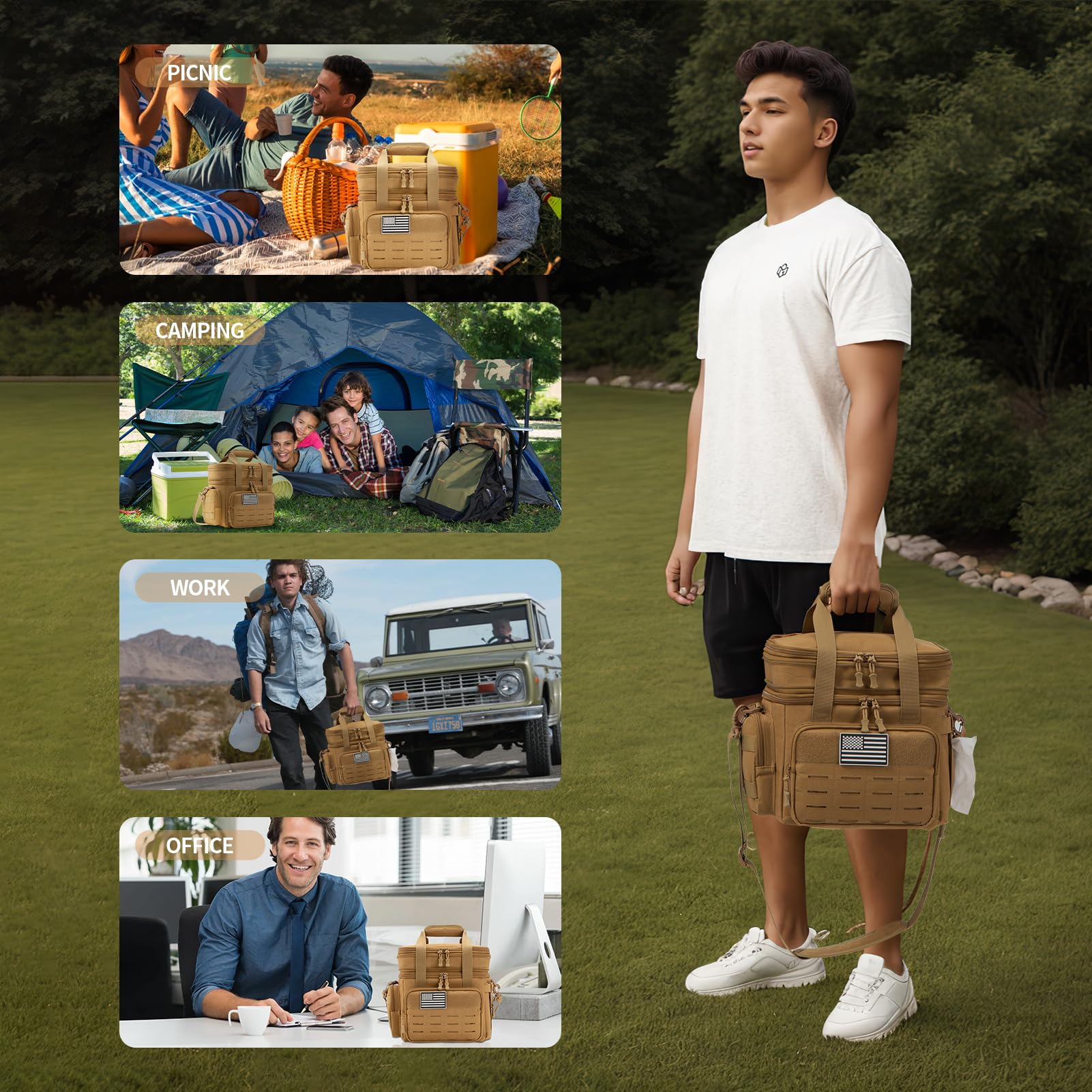 Haadid Tactical Lunch Box for Men Expandable 18L Heavy Duty Military Insulated Cooler Bag, Leakproof Thermal Lunch Bag for Work Camping Outdoor Picnic Pail Adult Meal MOLLE Webbing Khaki