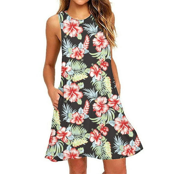 RKSTN Summer Dresses for Women Beach Boho Sleeveless Vintage Floral Flowy Pocket Tshirt Tank Sundresses