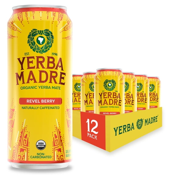 Yerba Madre Organic Yerba Mate, Revel Berry, Energy Drink Alternative, 150mg Natural Plant Based Caffeine, 15.5oz Cans (Pack of 12)