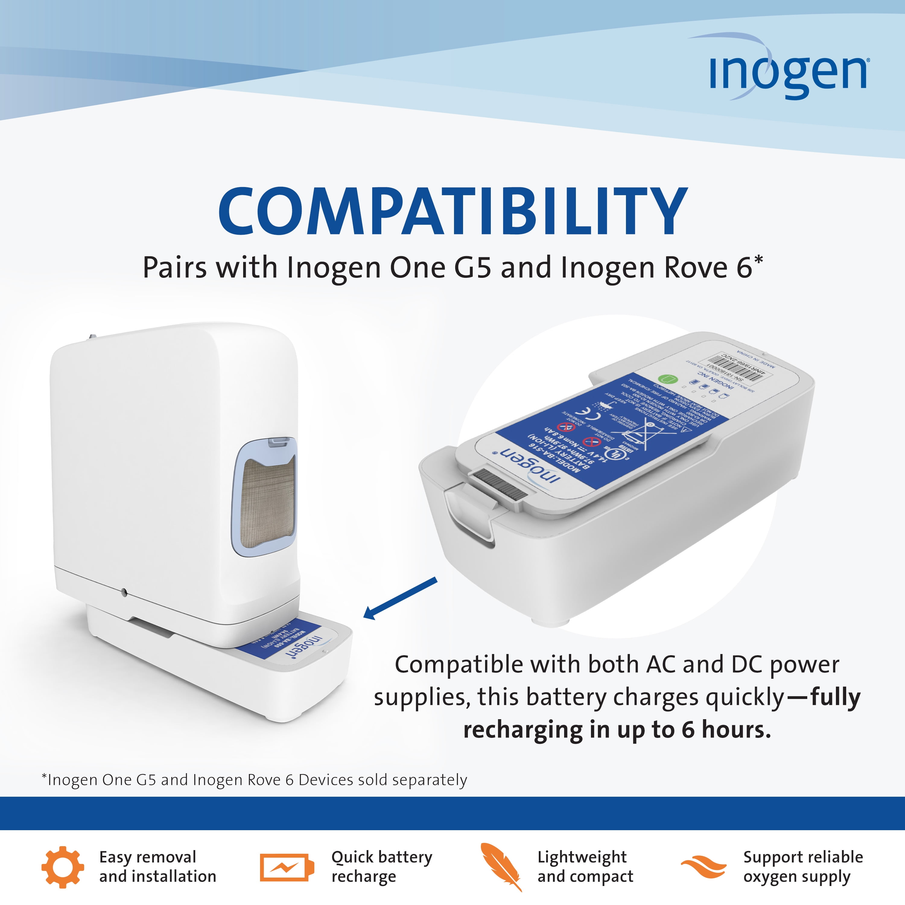 Inogen Extended (16-cell) Battery - for the Inogen One G5/Inogen Rove 6 - Up to 12 hours, 45 minutes of battery life on setting 1- 2.18 lbs.