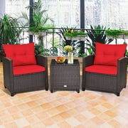 Lot de 3 mobiliers en rotin pour patio extérieur avec table basse, chaise avec coussin de la marque Gymax