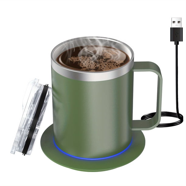 Juego Calentador Eléctrico de Tazas de Café | Taza de Acero Inoxidable con Base de Calentamiento y Tapa, Inteligente para Calentar Leche,