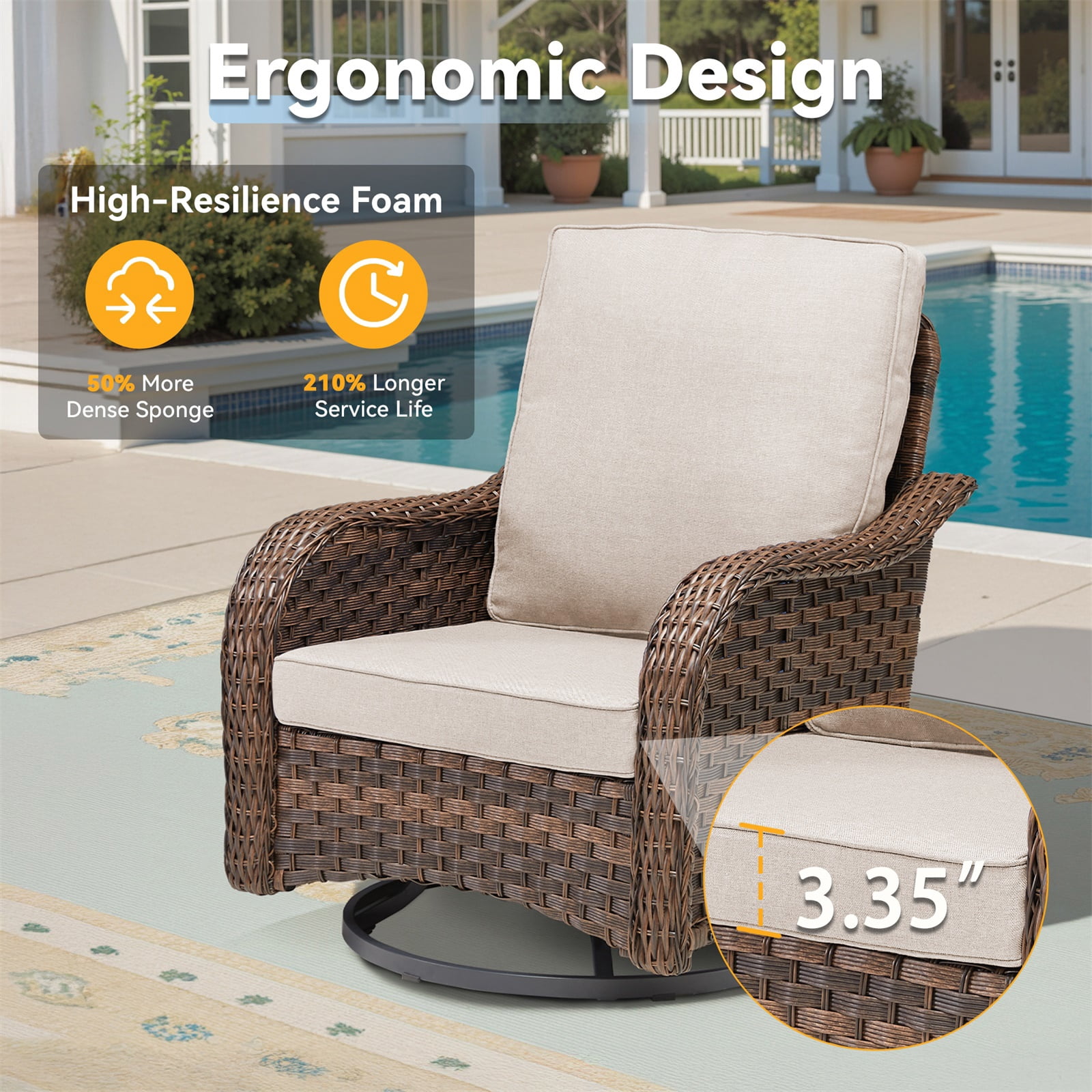 Hommoo 3-Piece Outdoor Furniture Set, Outdoor Swivel Gliders Rocker, Wicker Patio Bistro Set with Side Tablerd for Porch Deck Backyard, Beige
