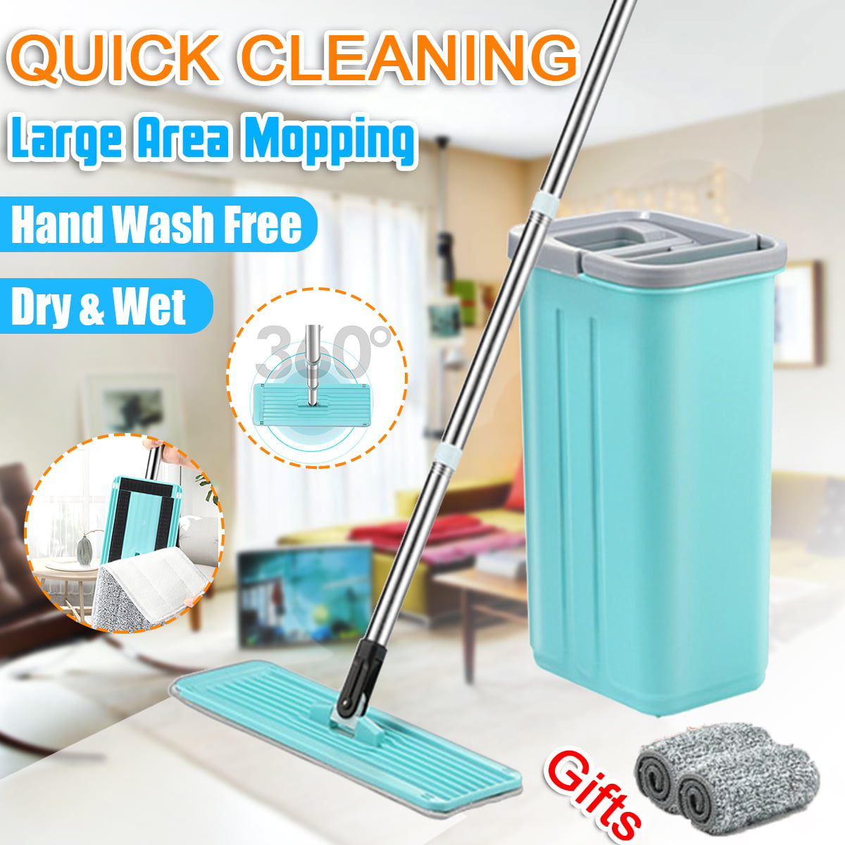 4Pcs Microfiber Flat Squeeze Mop&Bucket Hand Free Wringing Floor Cleaning