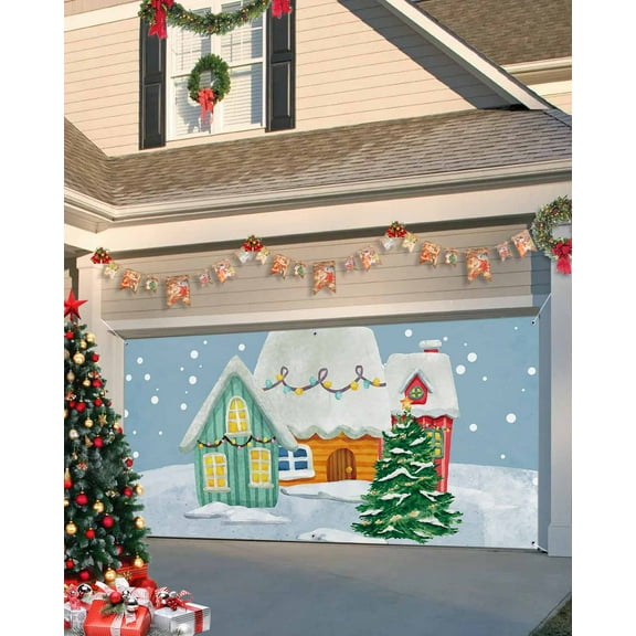 Garage Door Banner Cover 7 x 8 ft, Christmas Tree Igloo Snowflakes Winter Christmas Garage Door Decorations Holiday Christmas Backdrop Decor for Winter New Year Xmas Party