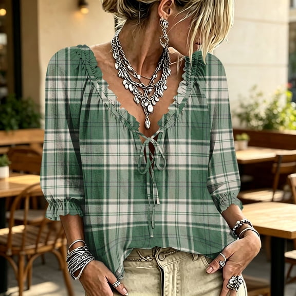 Womens V Neck 3/4 Sleeve Bohemian Casual Blouses Women's V-Neck Abstract Geometric Print Flowy Summer Ruffe Shirt