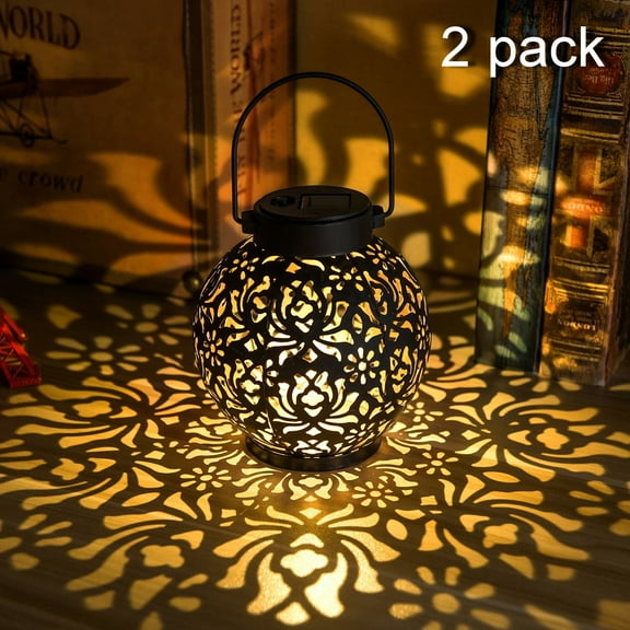 2 Pack Outdoor Solar Hanging Lantern Lights Metal LED Decorative Light for Garden Patio Yard Lawn and Tabletop with Hollowed-Out Design. Bronze Color.