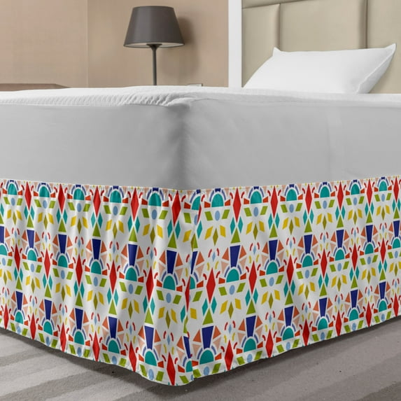 Colorful Bed Skirt, Abstract Geometric Shapes with Rhombus and Triangles on Plain Background, Elastic Bedskirt Dust Ruffle Wrap Around for Bedding Decor, 4 Sizes, White and Multicolor, by Ambesonne