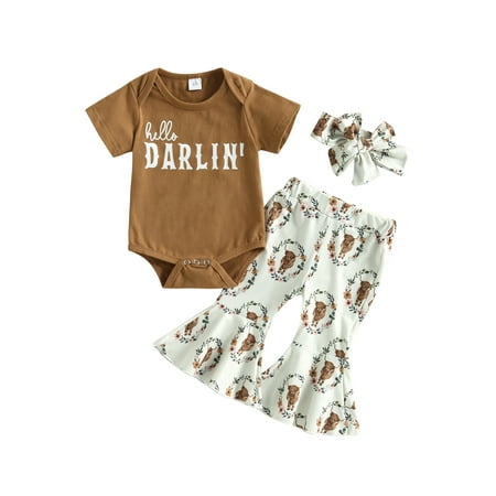 

Dcohmch Newborn Baby Girl Western Clothes Letter Short Sleeve Romper Cow Print Bell Bottoms Headband Summer Clothes (Black 0-3 Months)