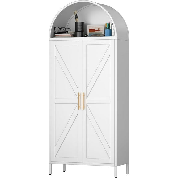 73''H Metal Arched Kitchen Pantry Cabinet,Arch Bookcase with Doors&Shelves&Drawers for Home Assemble Require, White
