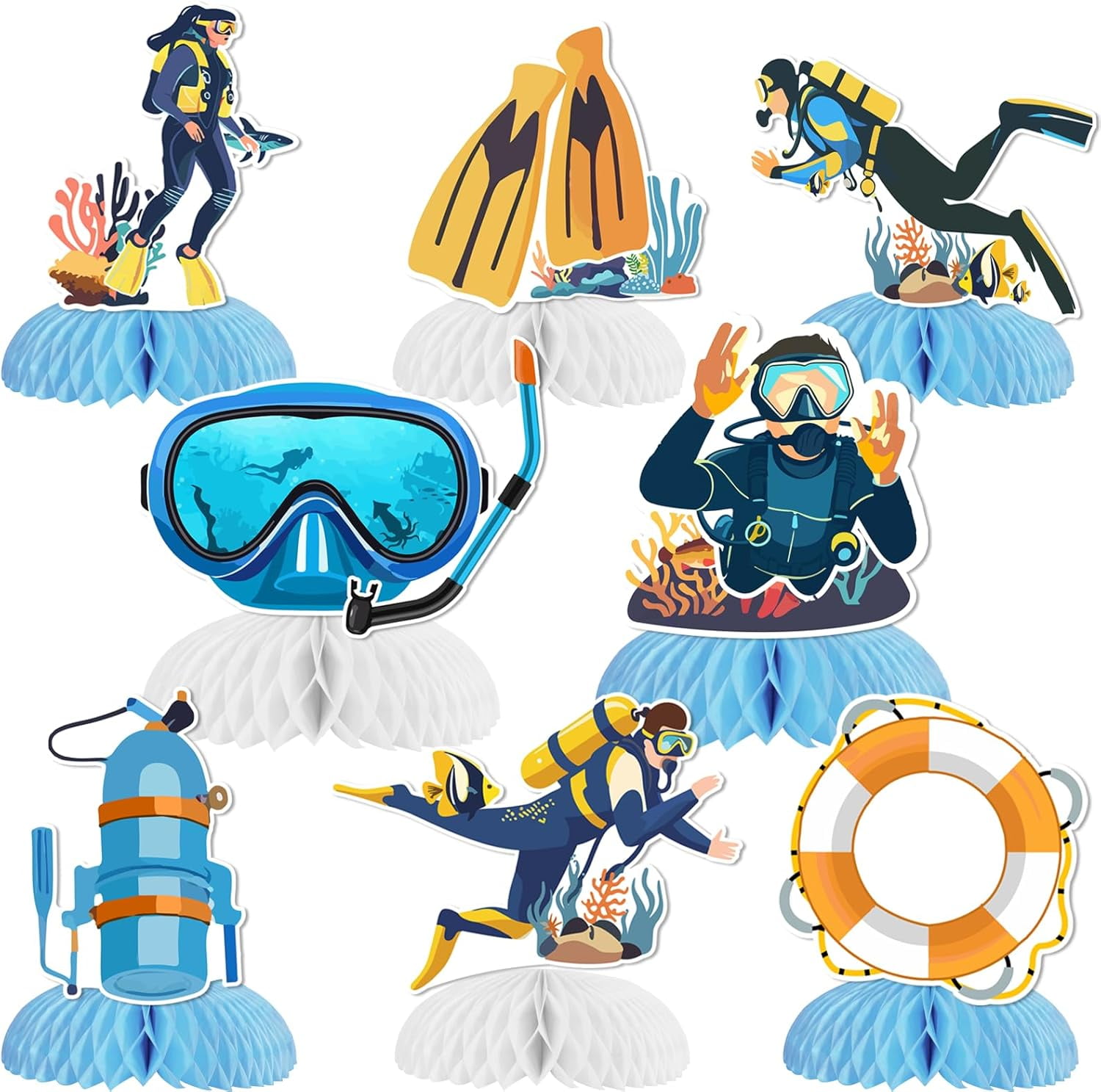 Scuba Diving Party Decorations, 8pcs Scuba Diving Honeycomb Centerpiece for Table Double-Sided Diving Table Centerpiece for Scuba Diving Birthday Baby Shower Underwater Ocean Summer Party