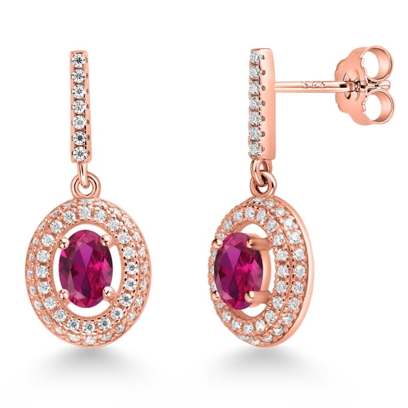 Gem Stone King 18K Rose Gold Plated Silver Red Created Ruby and White Moissanite Dangle Earrings for Women (1.51 Cttw, Gemstone July Birthstone, Oval 6X4MM)