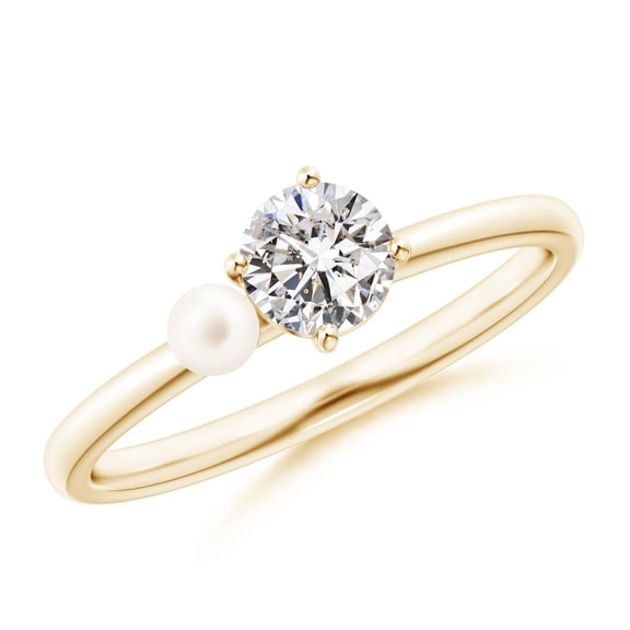 ANGARA Freshwater Cultured Pearl & Tilted Diamond 2-Stone Grande Engagement Ring in 14K Yellow Gold for Women | June Birthstone, Birthday, Anniversary, Jewelry Gift for Women | Pearl Ring