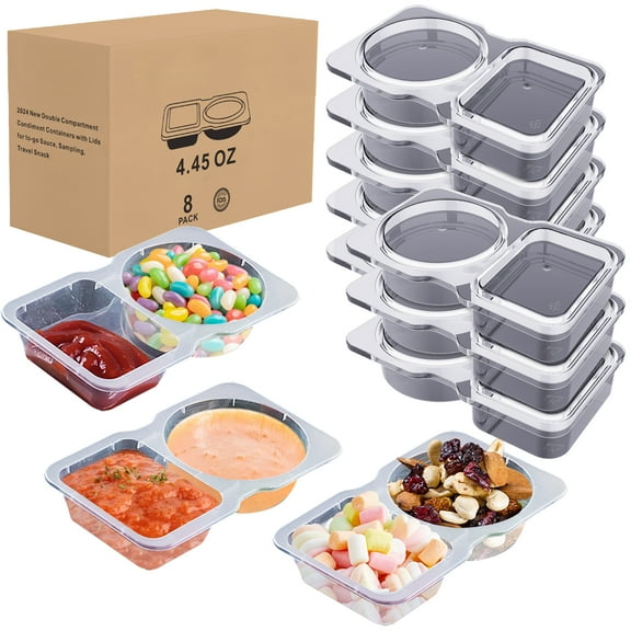 8 Sets Condiment Containers with Lid, Disposable Double Compartment Condiment Plastic Container, 5OZ to-go Small Snack Box Containers for Sampling, Salad Dressing, Travel Snack, Take-out Sauces