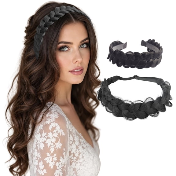 GIRACOA 2-Piece Hair Styling Set - Messy Braided Headband with Teeth & Matching Messy Bun Hairpiece - Adjustable Elastic Synthetic Braid Extension for Women, Natural Black