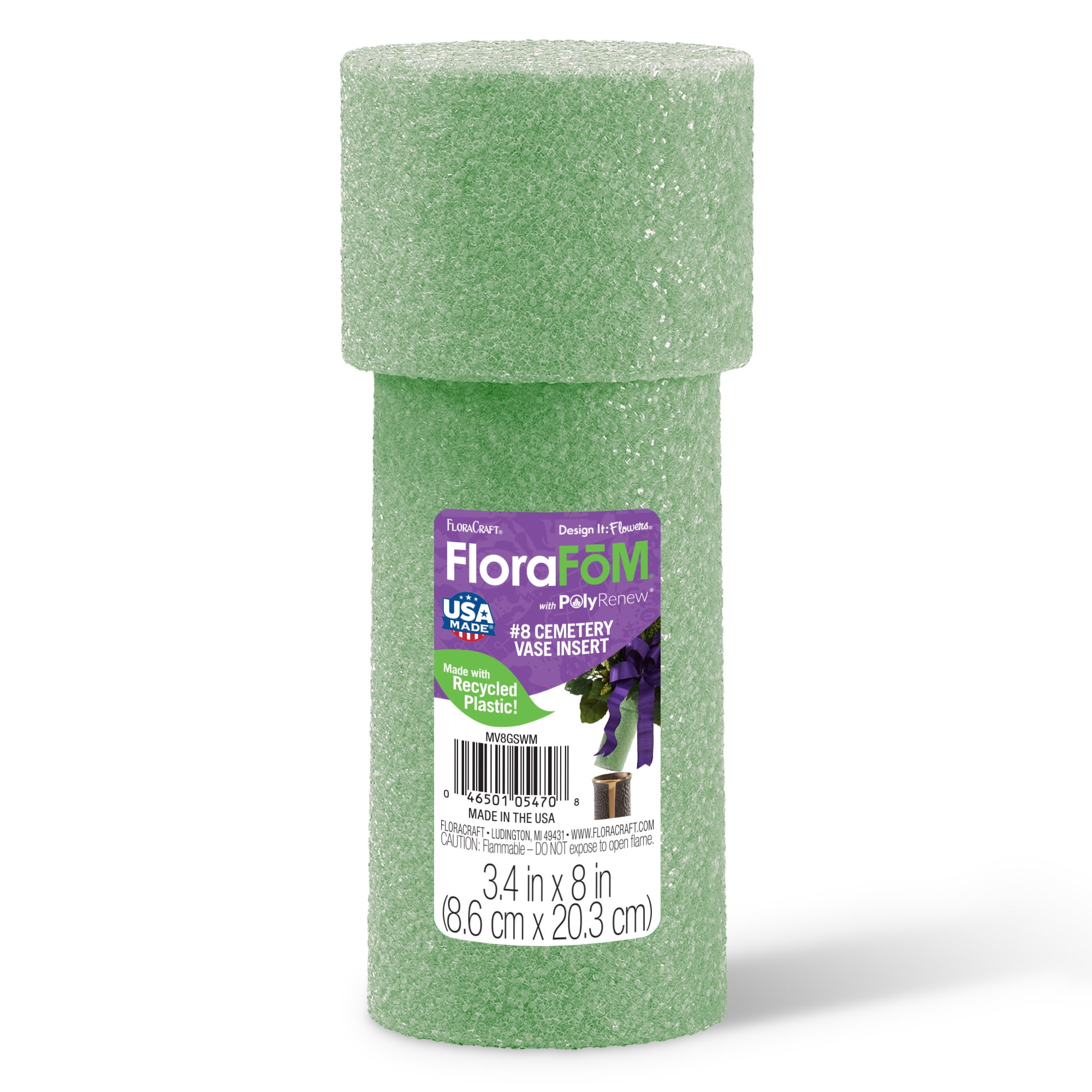(2 pack) FloraCraft FloraFōM Memorial Vase Insert 3.4 inch x 8 inch Green