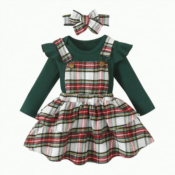 HCNTES Baby Girl Christmas Clothes Plaid Outfits Long Sleeve Romper Overall Skirt Dress Cute Outfit(6-12 Months,S9-Green)