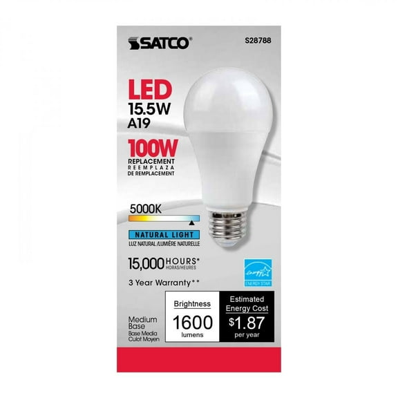 Satco S28788 - 15.5 Watt A19 LED Light Bulbs -  5000K - 120 Volts  (6 Pack)