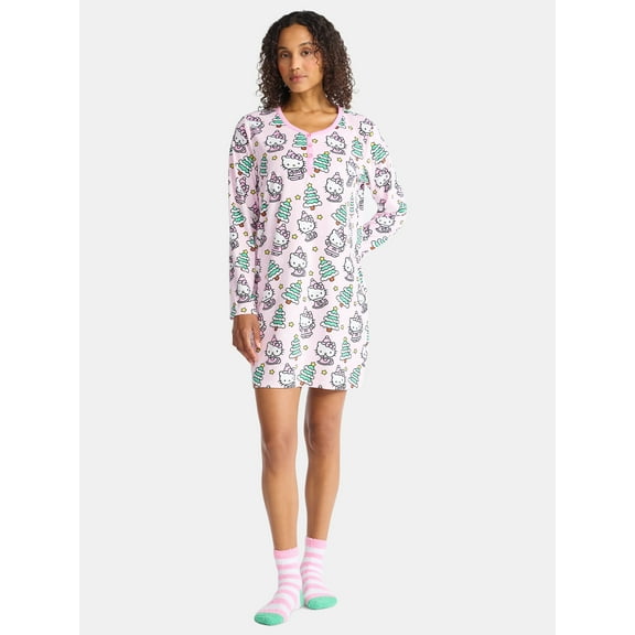 Hello Kitty Women's and Women's Plus Christmas Print Henley Sleepshirt and Plush Socks Set, 2-Piece, Sizes XS-3X