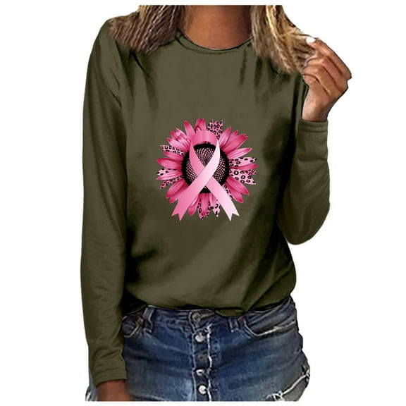 Kilaqueen Women Cancer Shirt Pink Ribbon Sunflower Print T-Shirt Inspire Breast Cancer Awareness Tee Tops Fall Crewneck Long Sleeve Pullover Tops